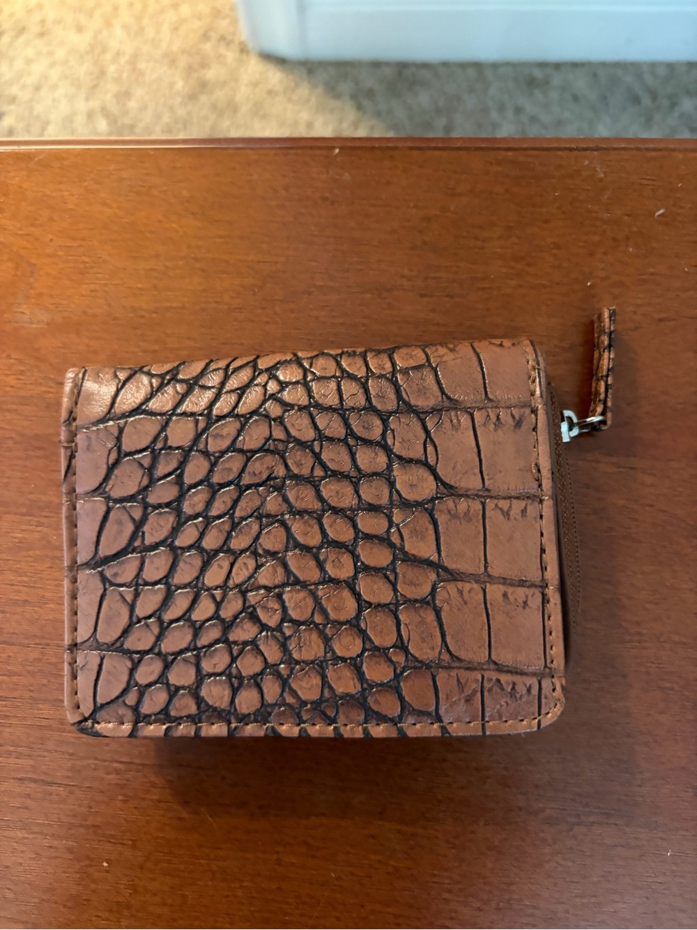 Brown Croc-Embossed Leather Zip Card Wallet